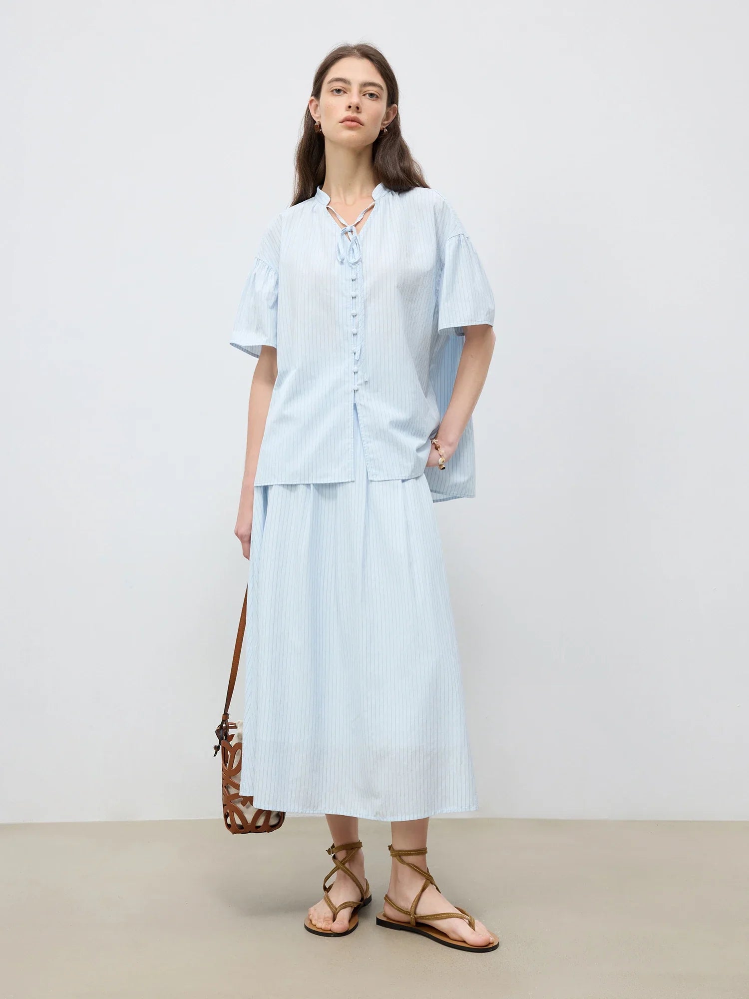 Tailored Stripe Light blue Shirt & Midi Skirt