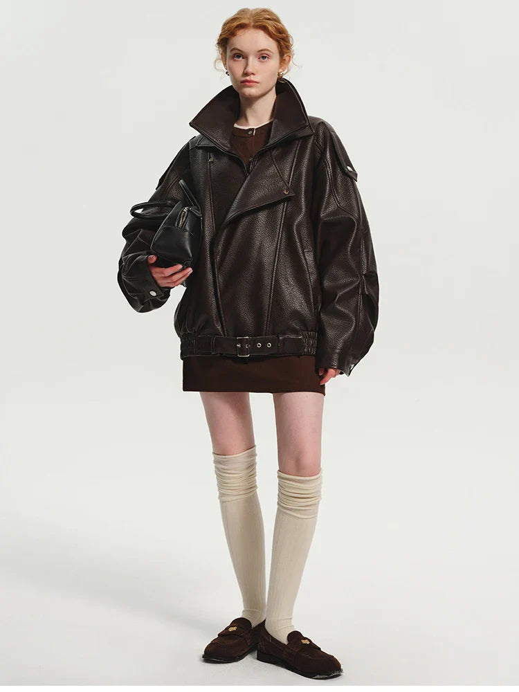 Oversized Dark Brown Leather Jacket