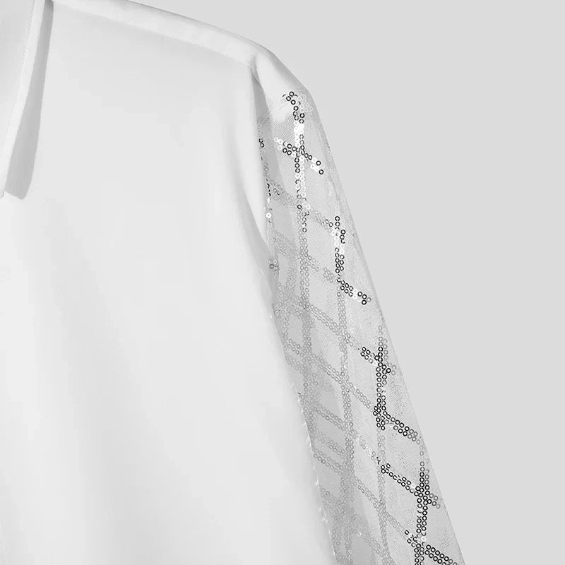 Mesh Patchwork Sequins Shiny Shirt