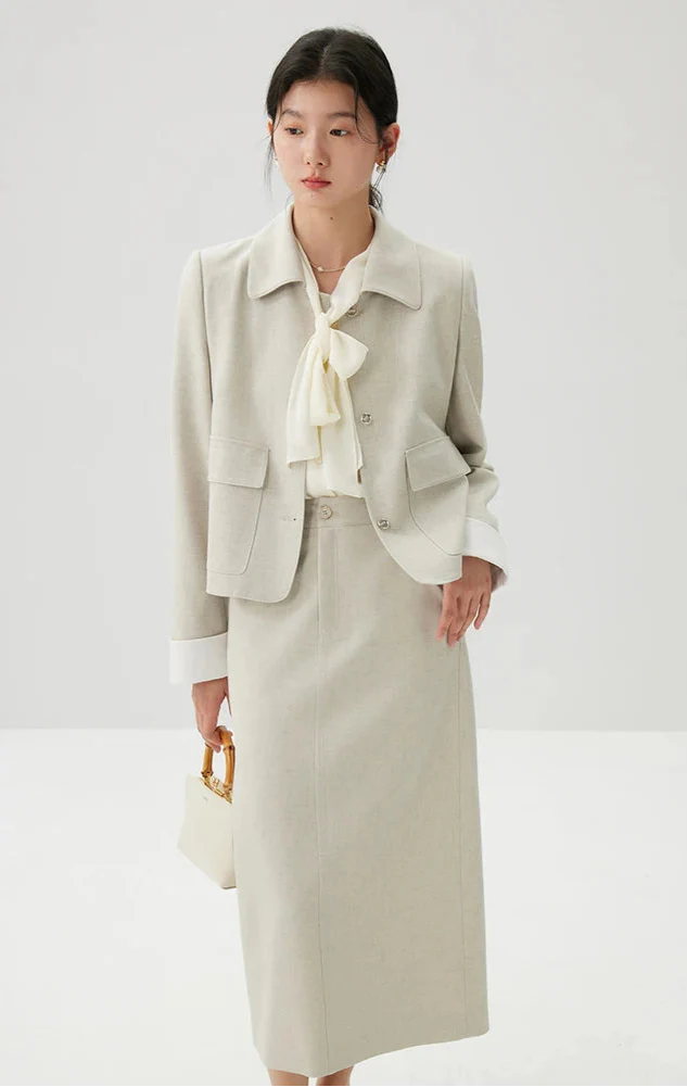 Polo Neck Beige Blazer and Skirt Suit