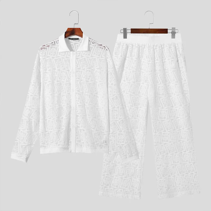 Lace Mesh Transparent Lapel Long Sleeve Shirt & Pants