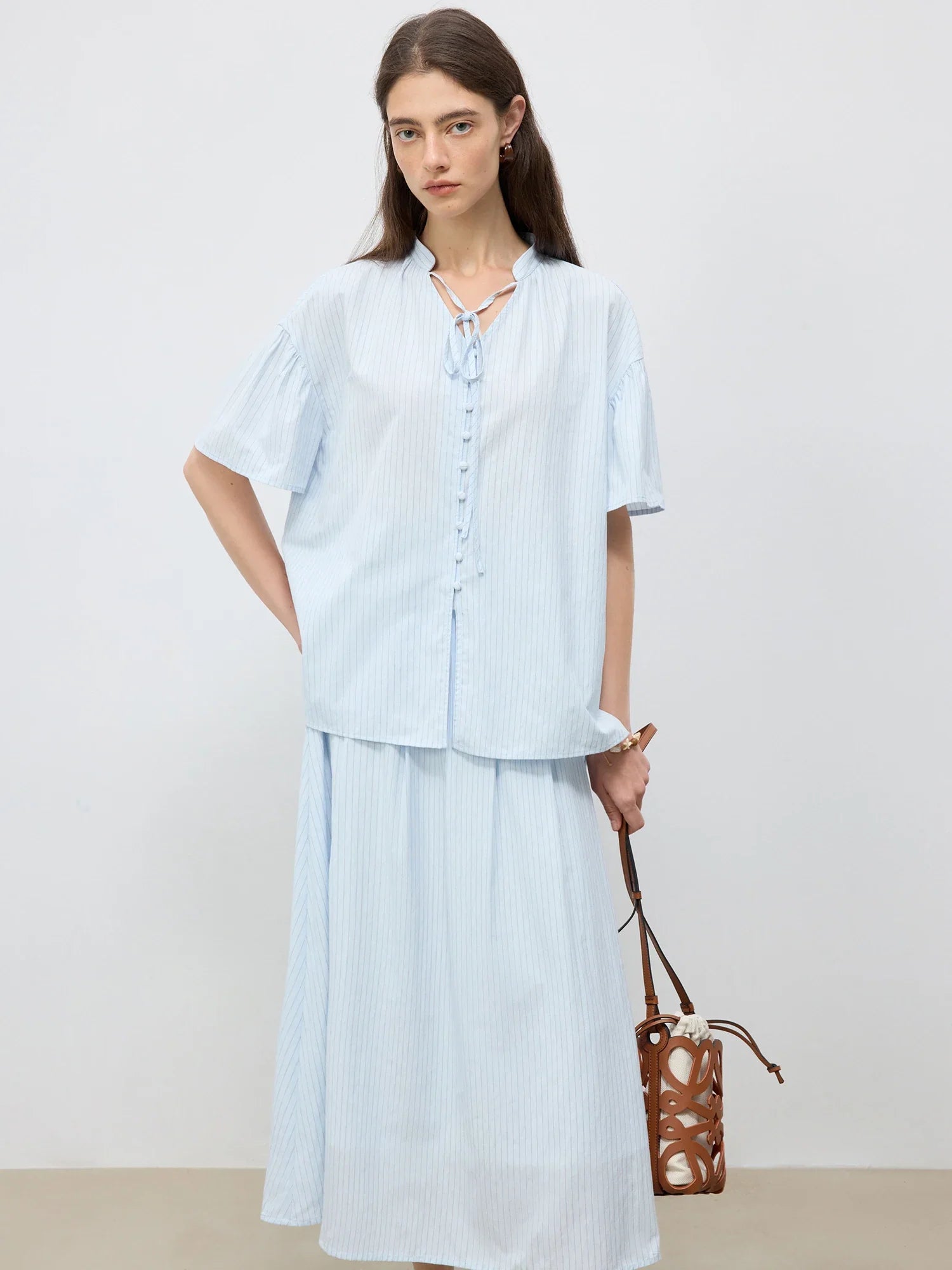 Tailored Stripe Light blue Shirt & Midi Skirt