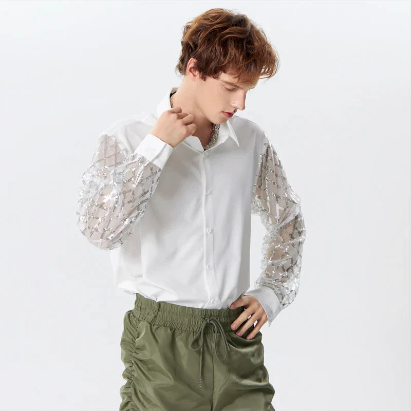 Mesh Patchwork Sequins Shiny Shirt