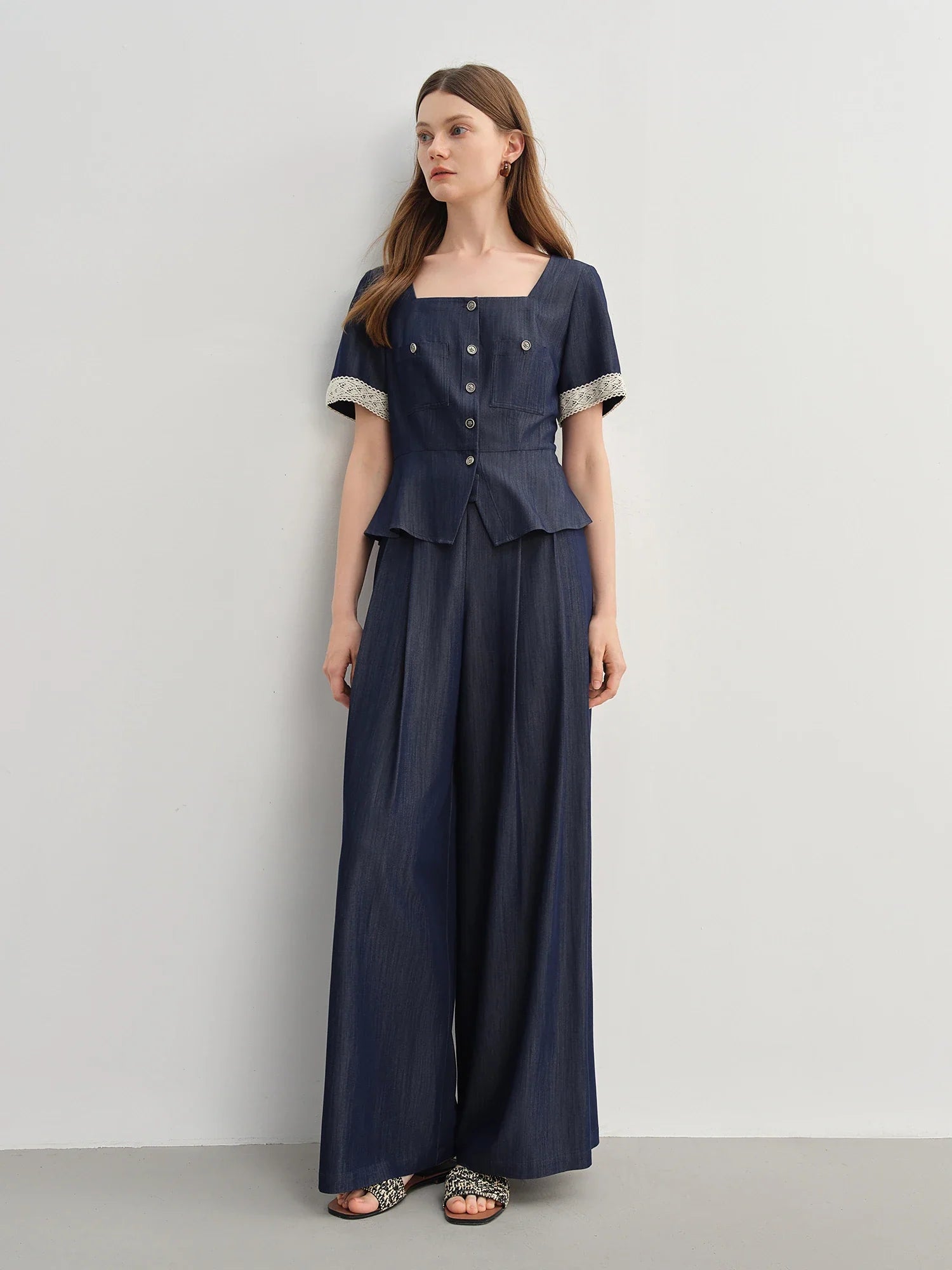 Square Neck Dark Blue Blouse and Relaxed Wide-Leg Trousers Set