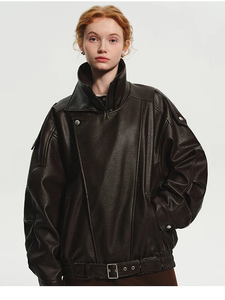 Oversized Dark Brown Leather Jacket