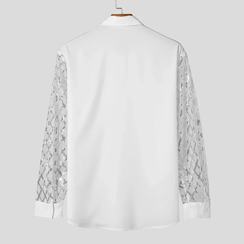Mesh Patchwork Sequins Shiny Shirt