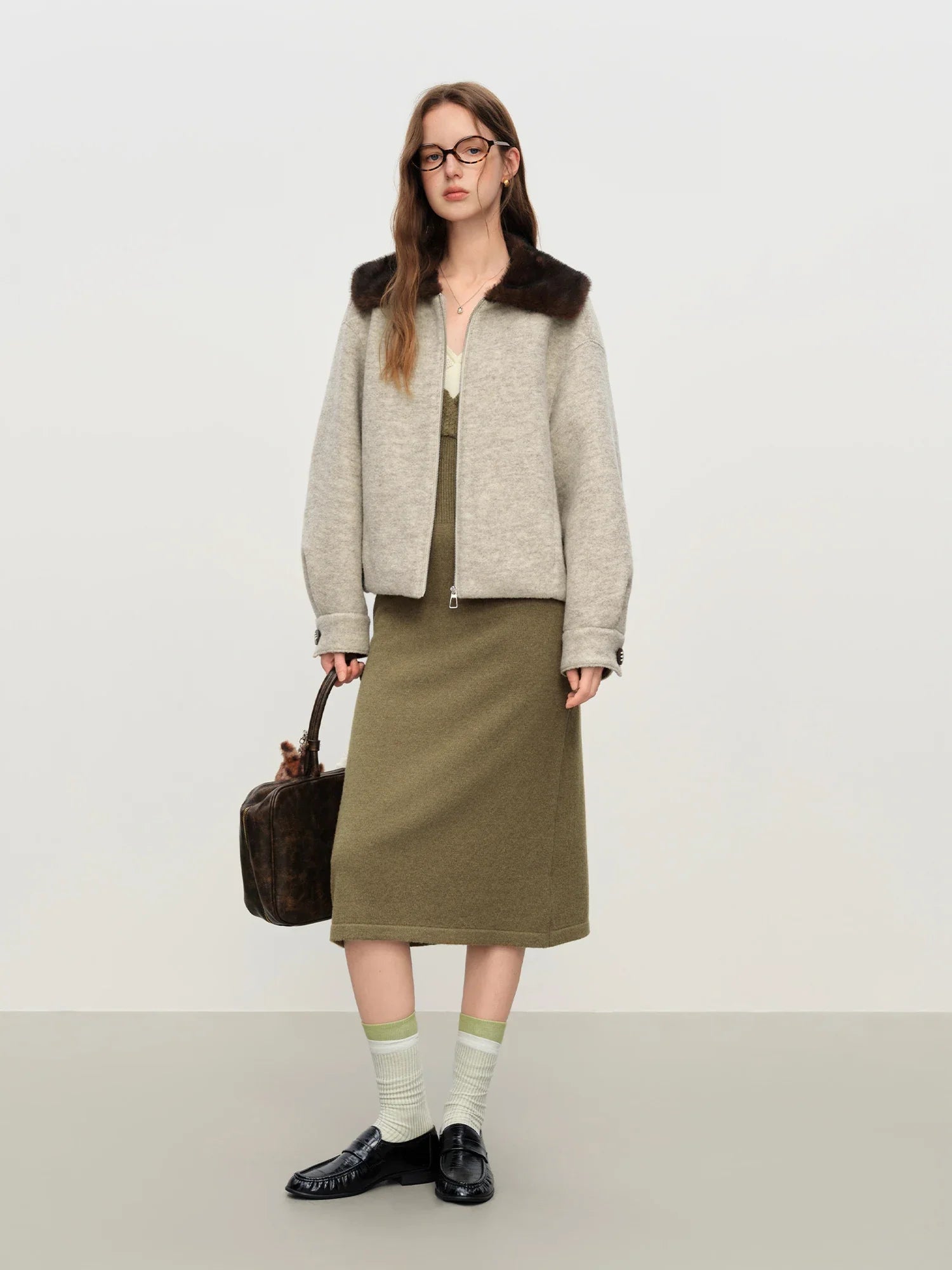 Wool-Blend Jacket With Fur Collar