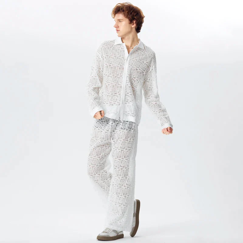 Lace Mesh Transparent Lapel Long Sleeve Shirt & Pants