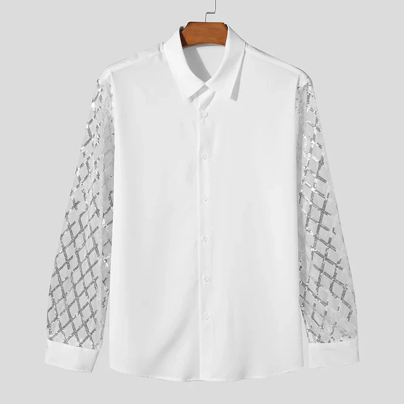 Mesh Patchwork Sequins Shiny Shirt
