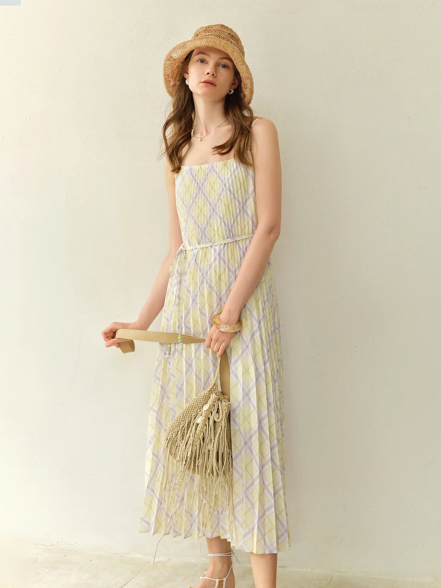Rhombus Check Strap Midi Dress