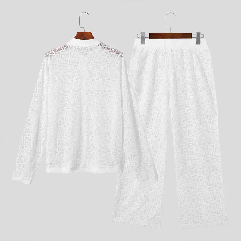 Lace Mesh Transparent Lapel Long Sleeve Shirt & Pants