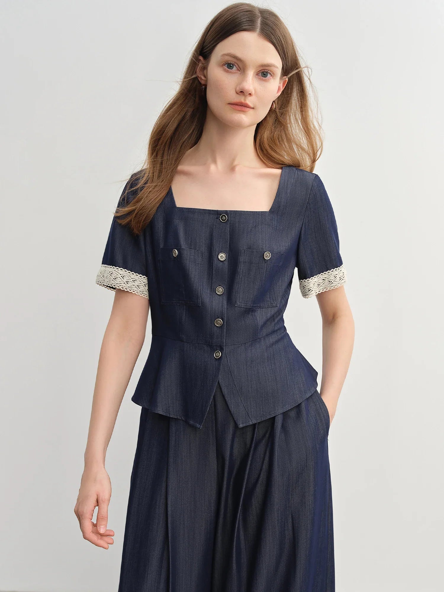 Square Neck Dark Blue Blouse and Relaxed Wide-Leg Trousers Set