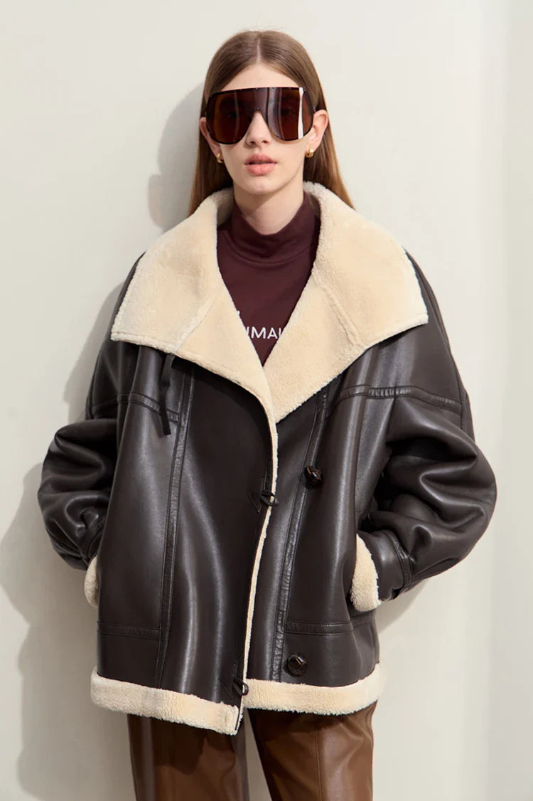 Dark Brown Leather Coat With Beige Fur