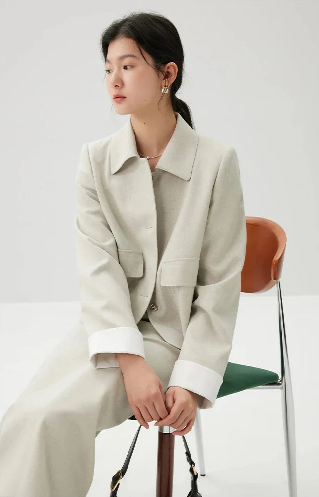 Polo Neck Beige Blazer and Skirt Suit