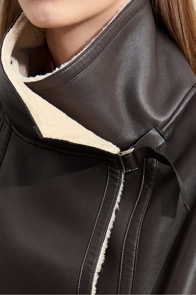 Dark Brown Leather Coat With Beige Fur
