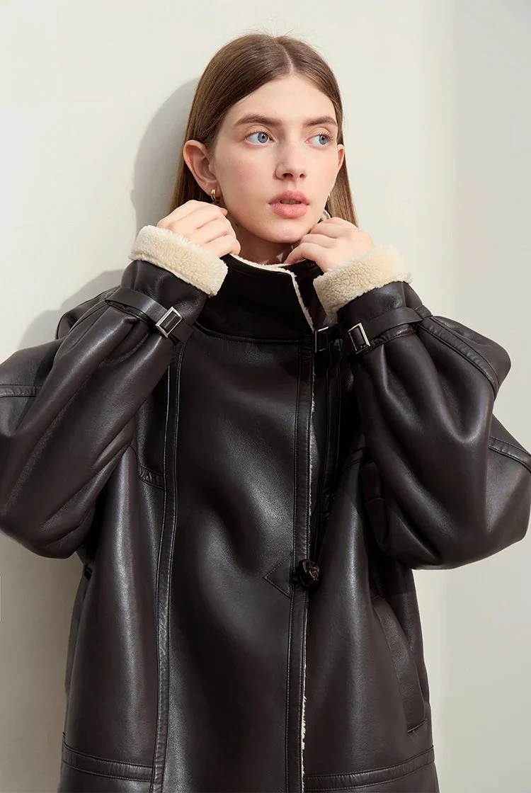 Dark Brown Leather Coat With Beige Fur