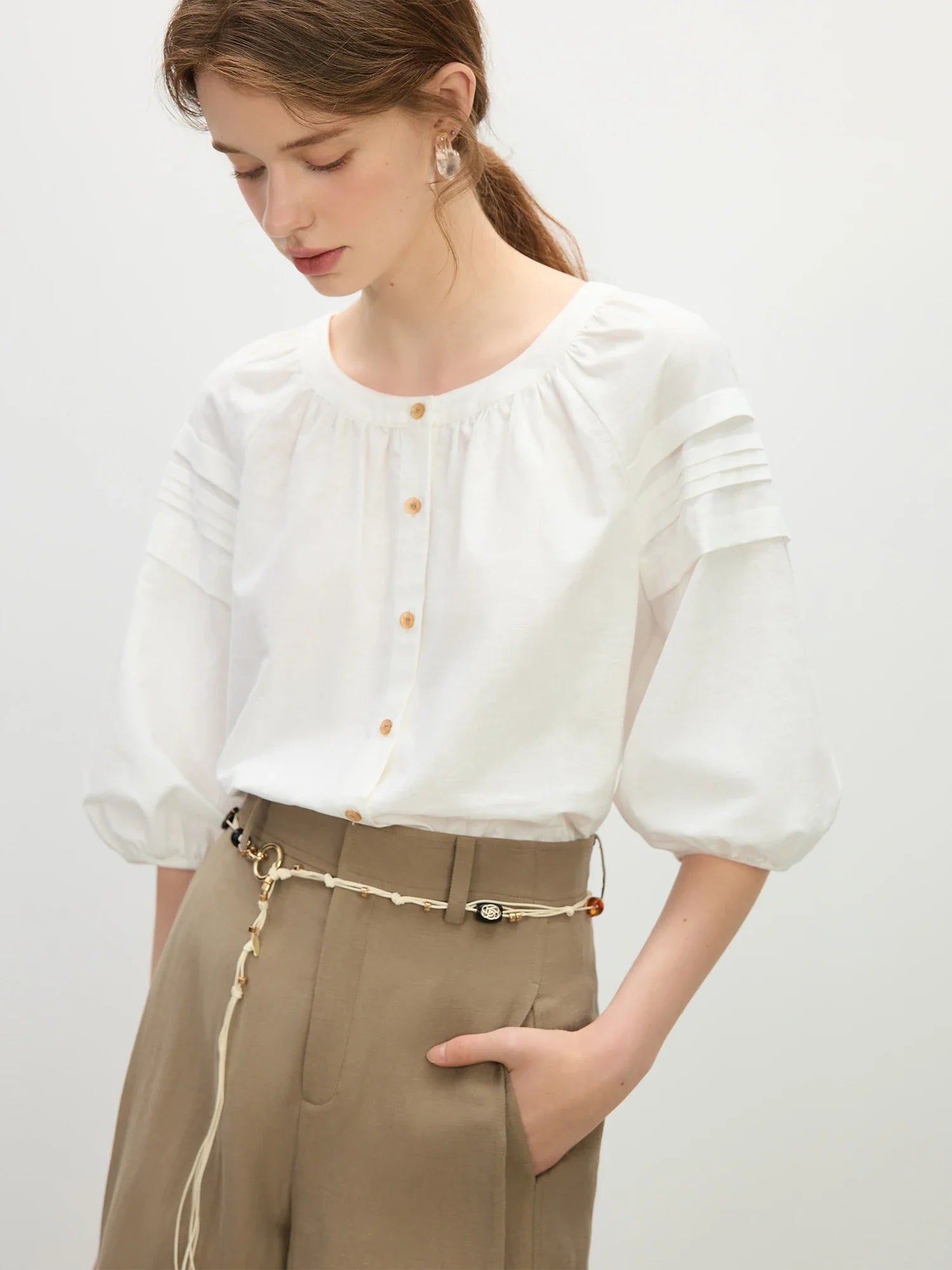 Linen-Blend Short Sleeve Blouse