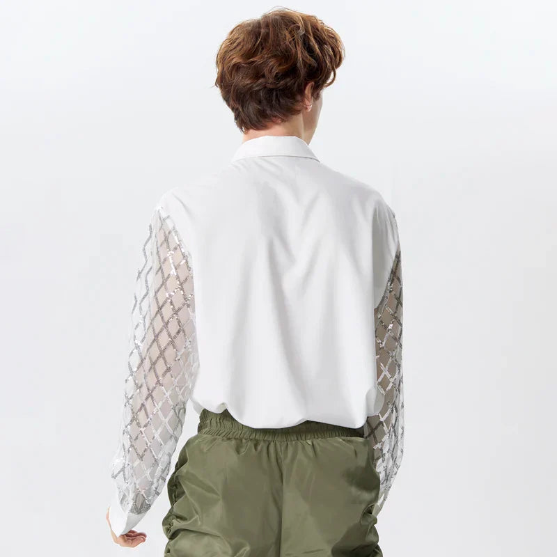 Mesh Patchwork Sequins Shiny Shirt