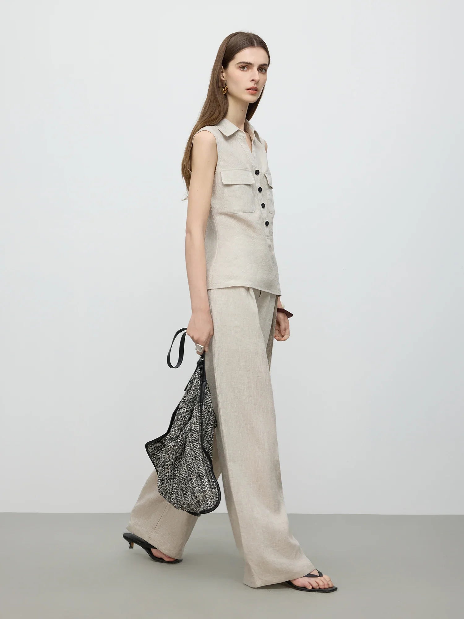 Sleeveless Linen Beige Top and Pants Set