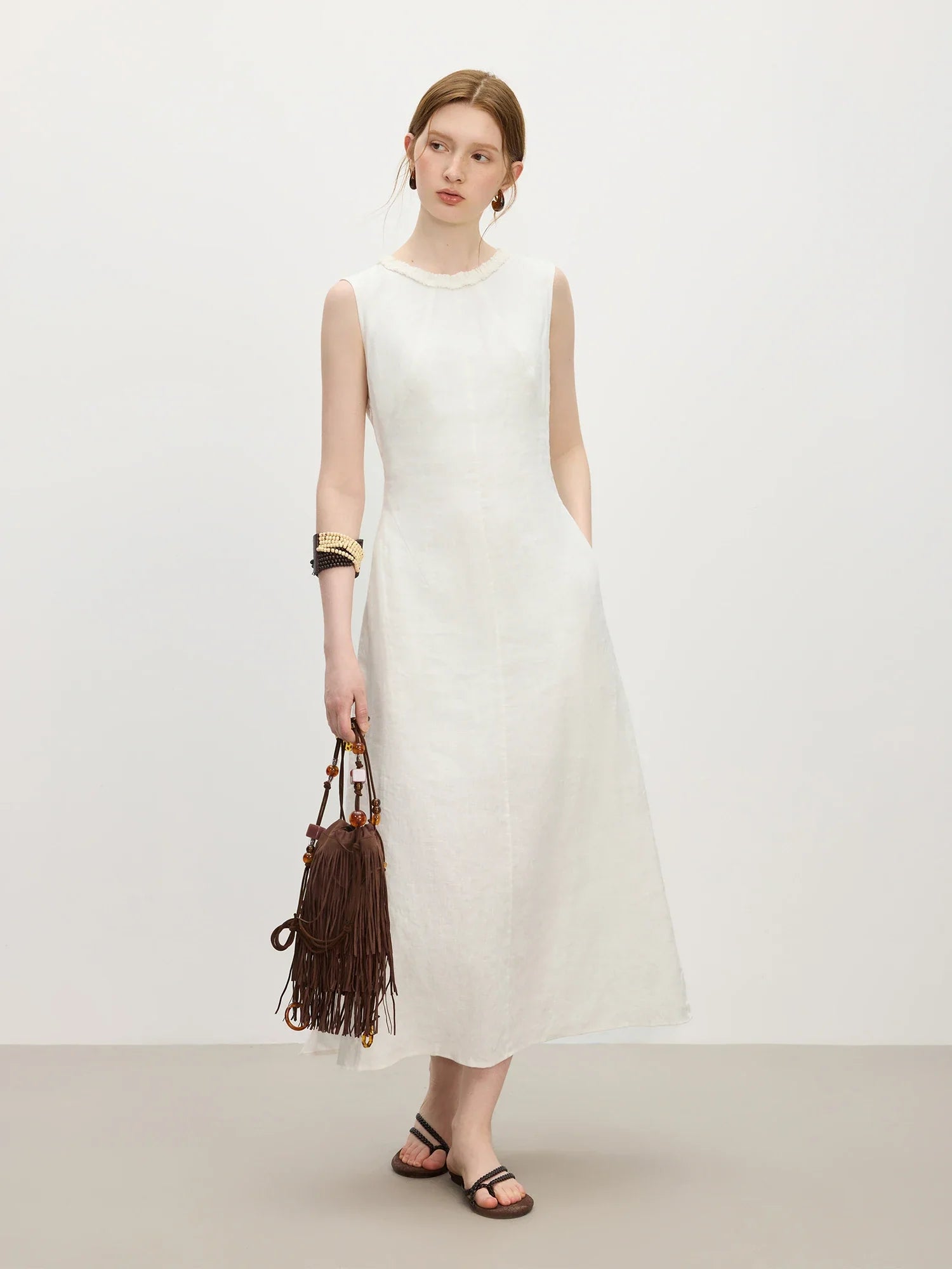 Linen Round Neck Sleeveless White Dress