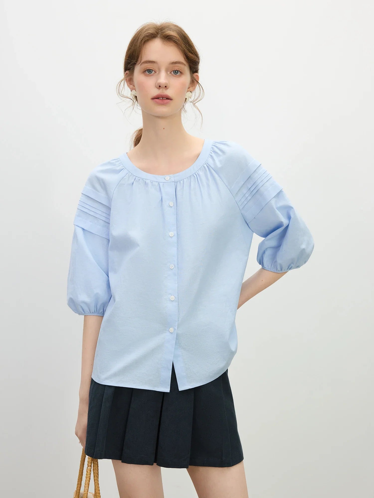 Linen-Blend Short Sleeve Blouse