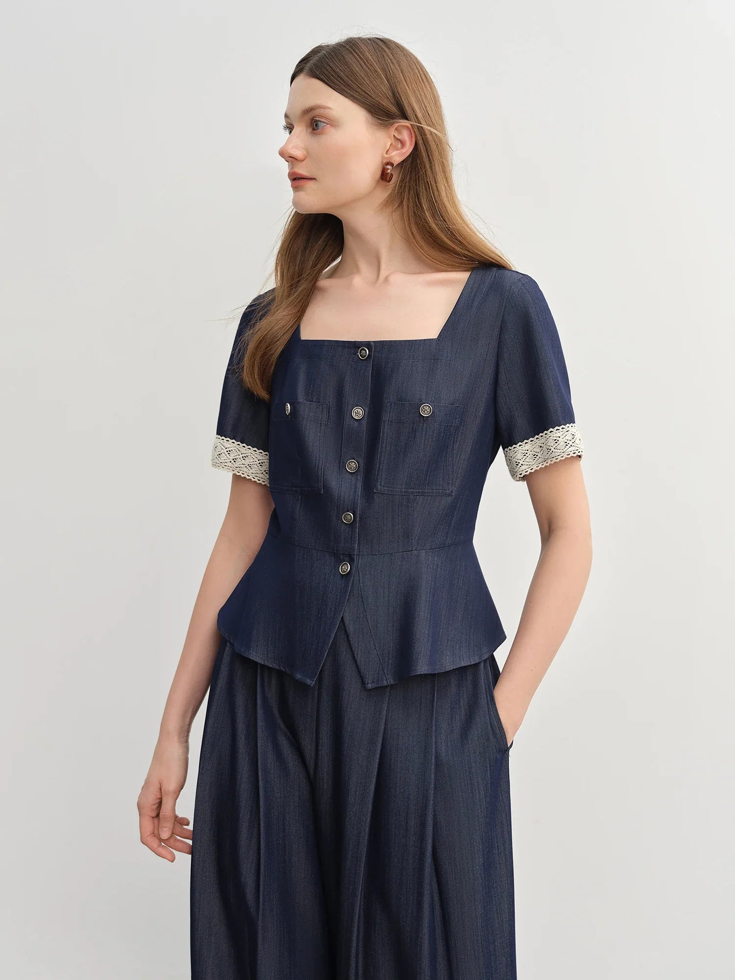 Square Neck Dark Blue Blouse and Relaxed Wide-Leg Trousers Set