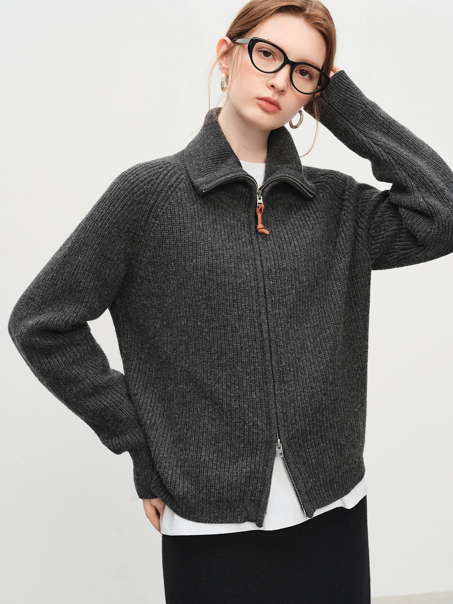Wool Blend Knit Double Zip Cardigan