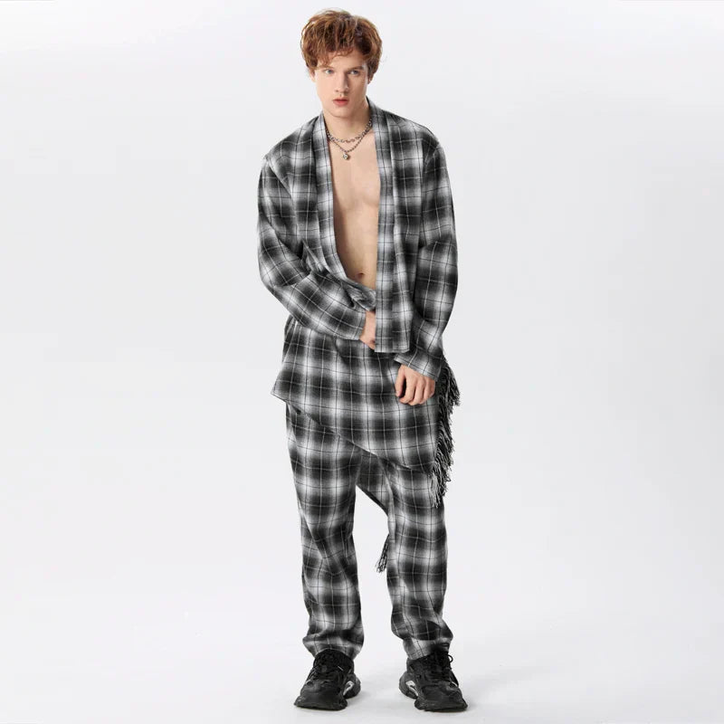Plaid Long Sleeve Open Stitch Cardigan Shirt & Irregular Skirts Pants