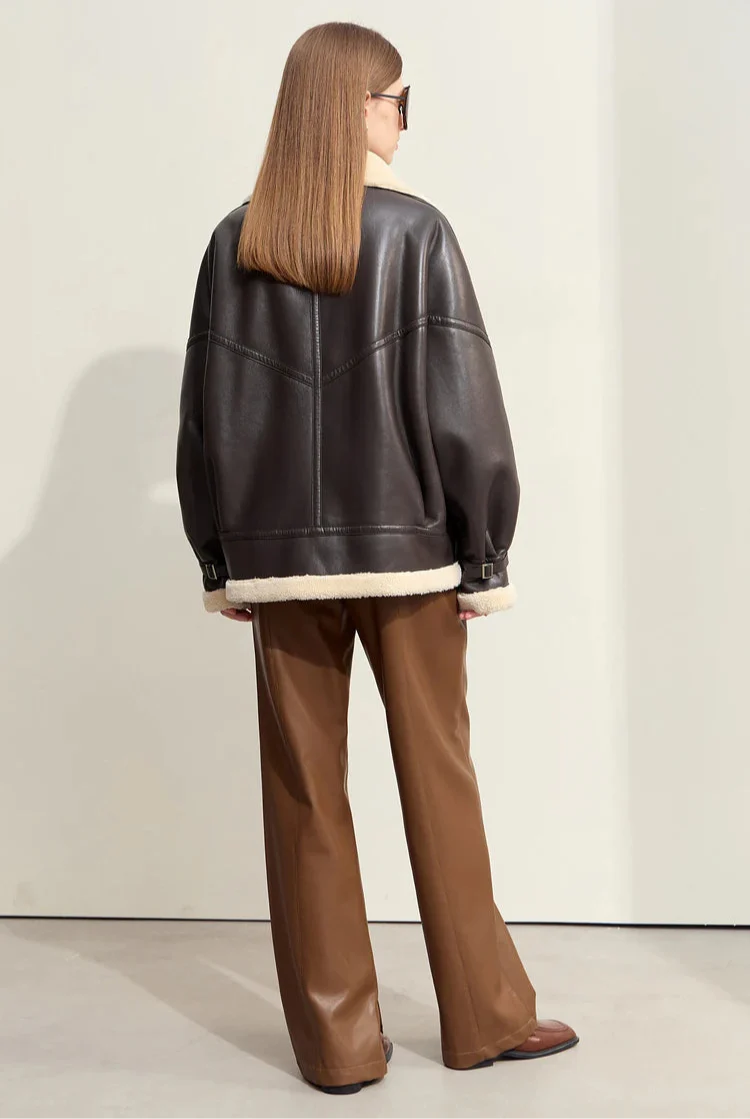 Dark Brown Leather Coat With Beige Fur