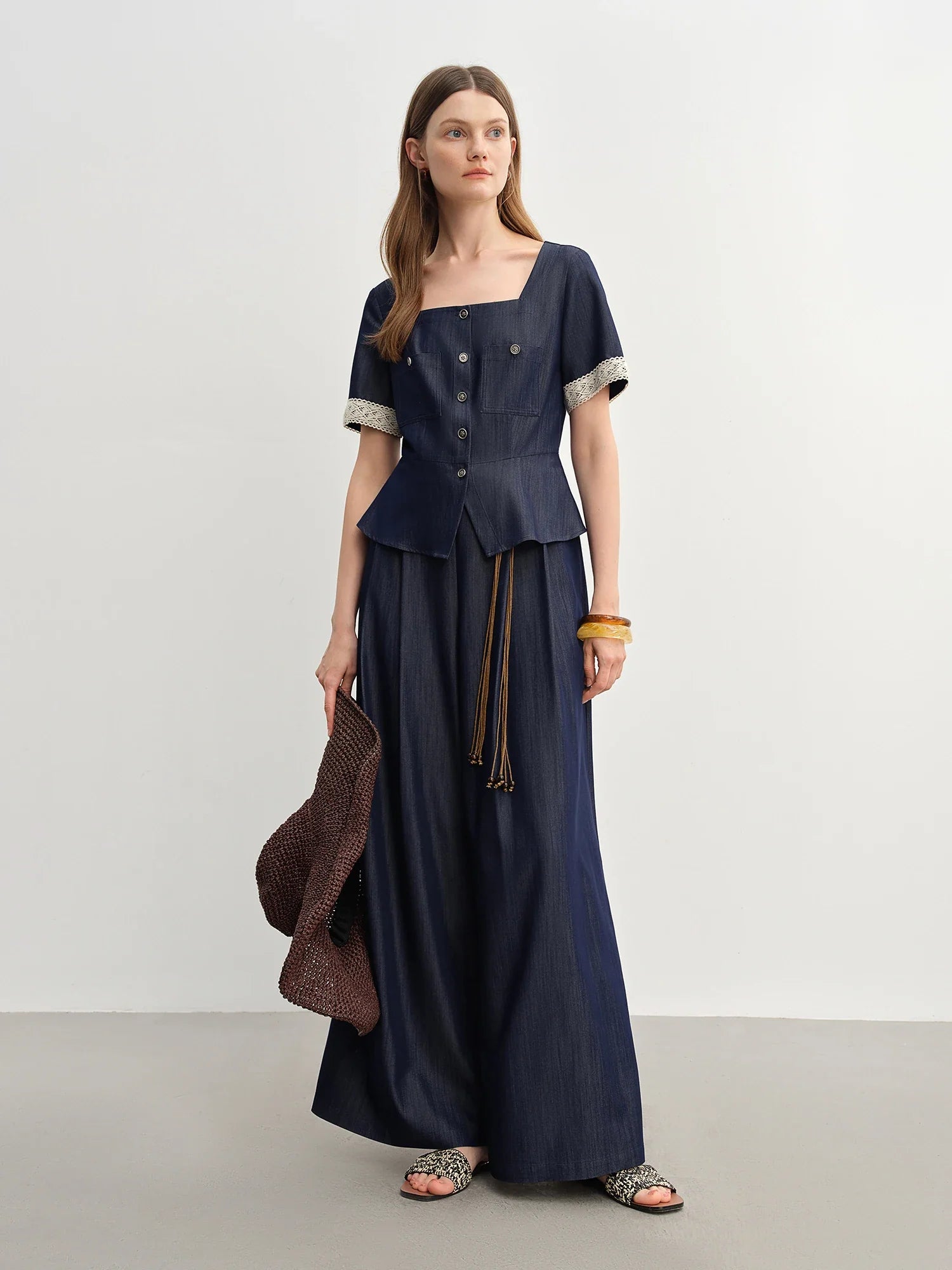 Square Neck Dark Blue Blouse and Relaxed Wide-Leg Trousers Set