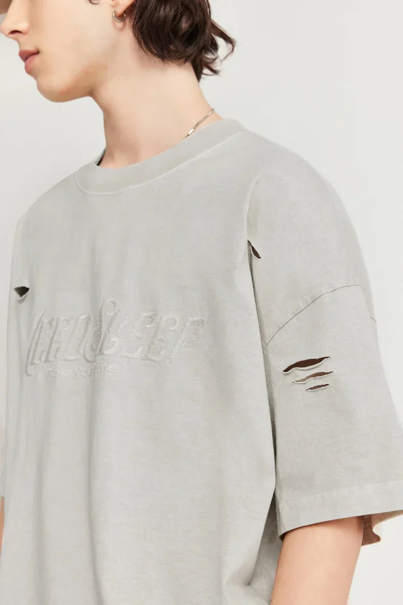 Ripped and Holes Embroidered Oversize T-shirt