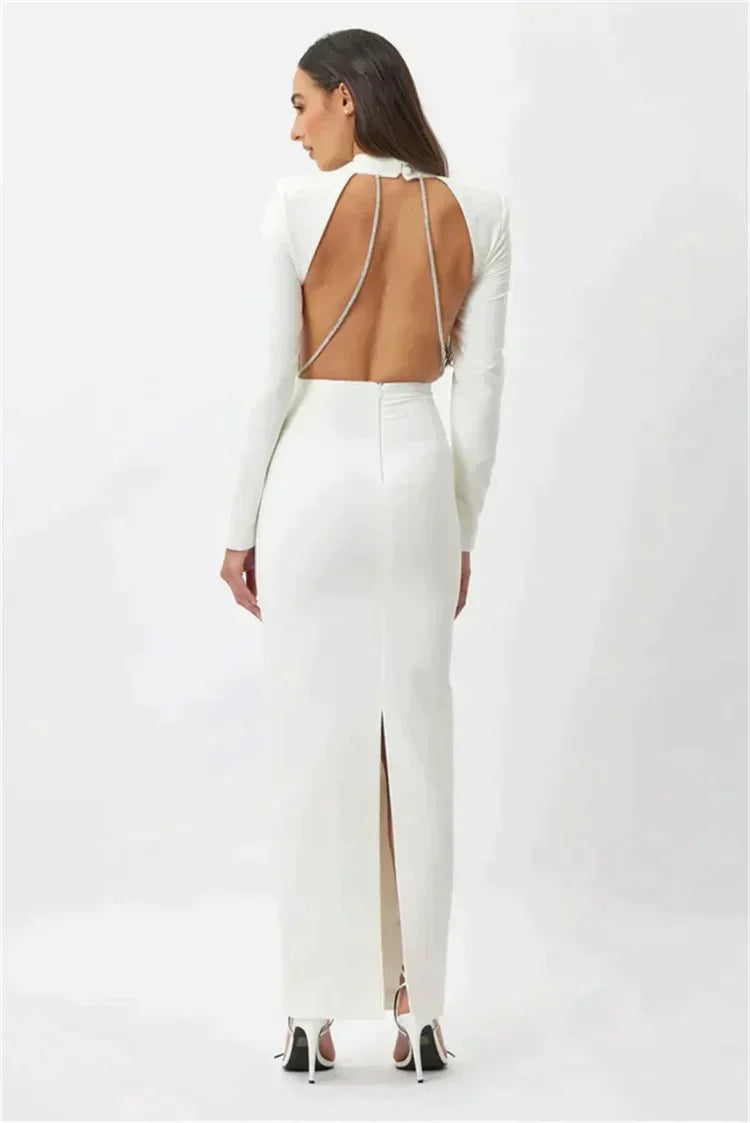 Long dress without slit, long sleeves and rhinestones