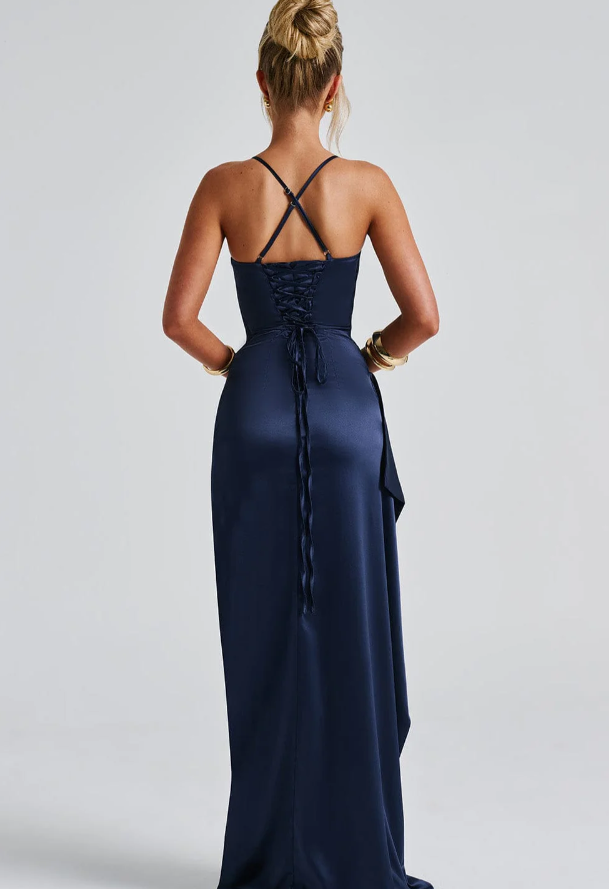 Maxi Satin Dress With Straps In Dark Blue