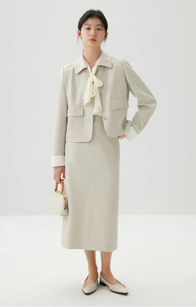 Polo Neck Beige Blazer and Skirt Suit