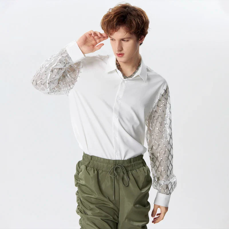 Mesh Patchwork Sequins Shiny Shirt