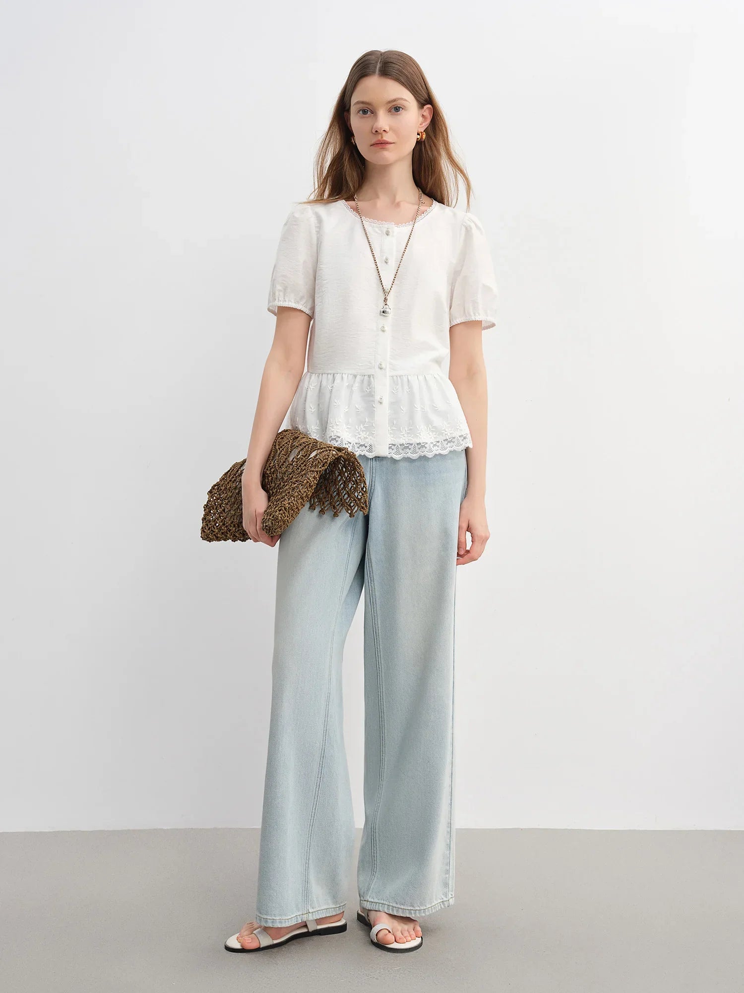 Textured Short-sleeve White Blouse