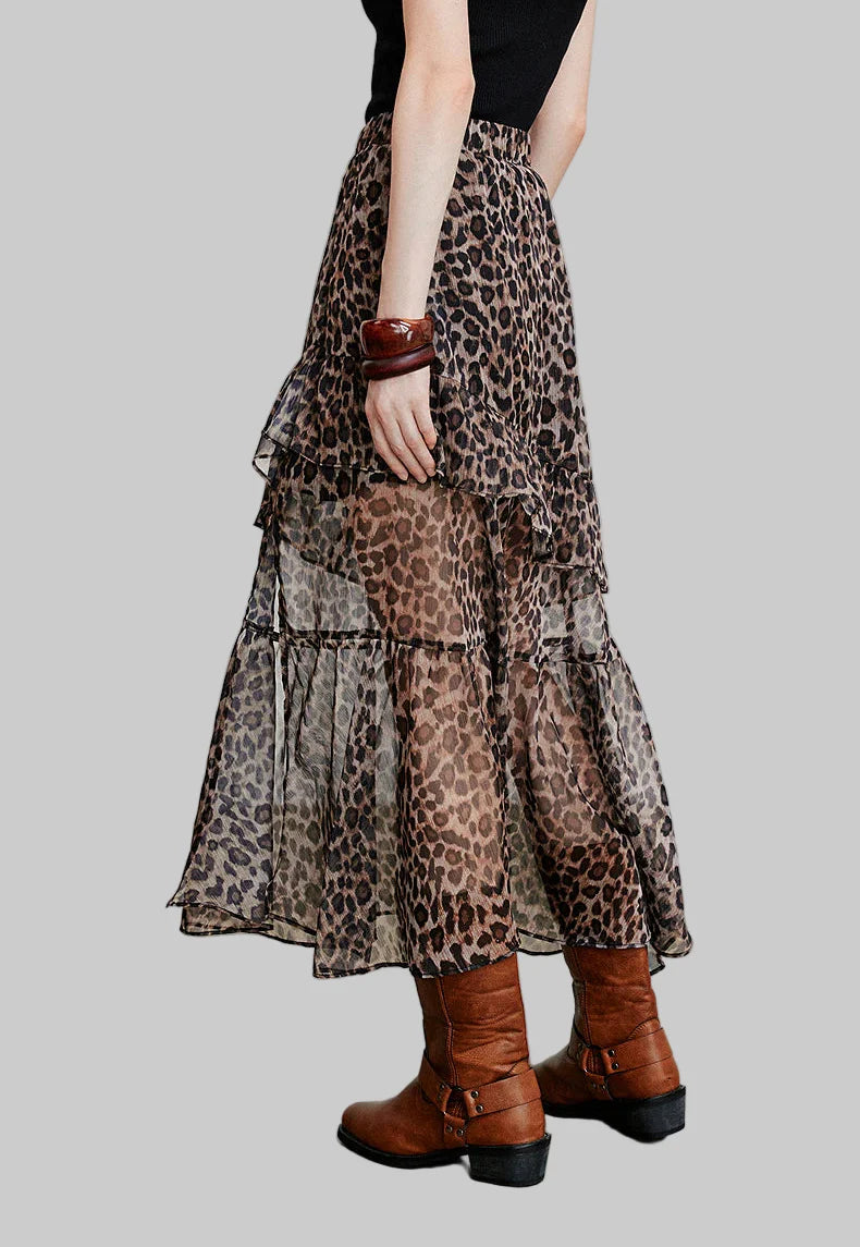Leopard Printed Open Slit Chiffon Skirt