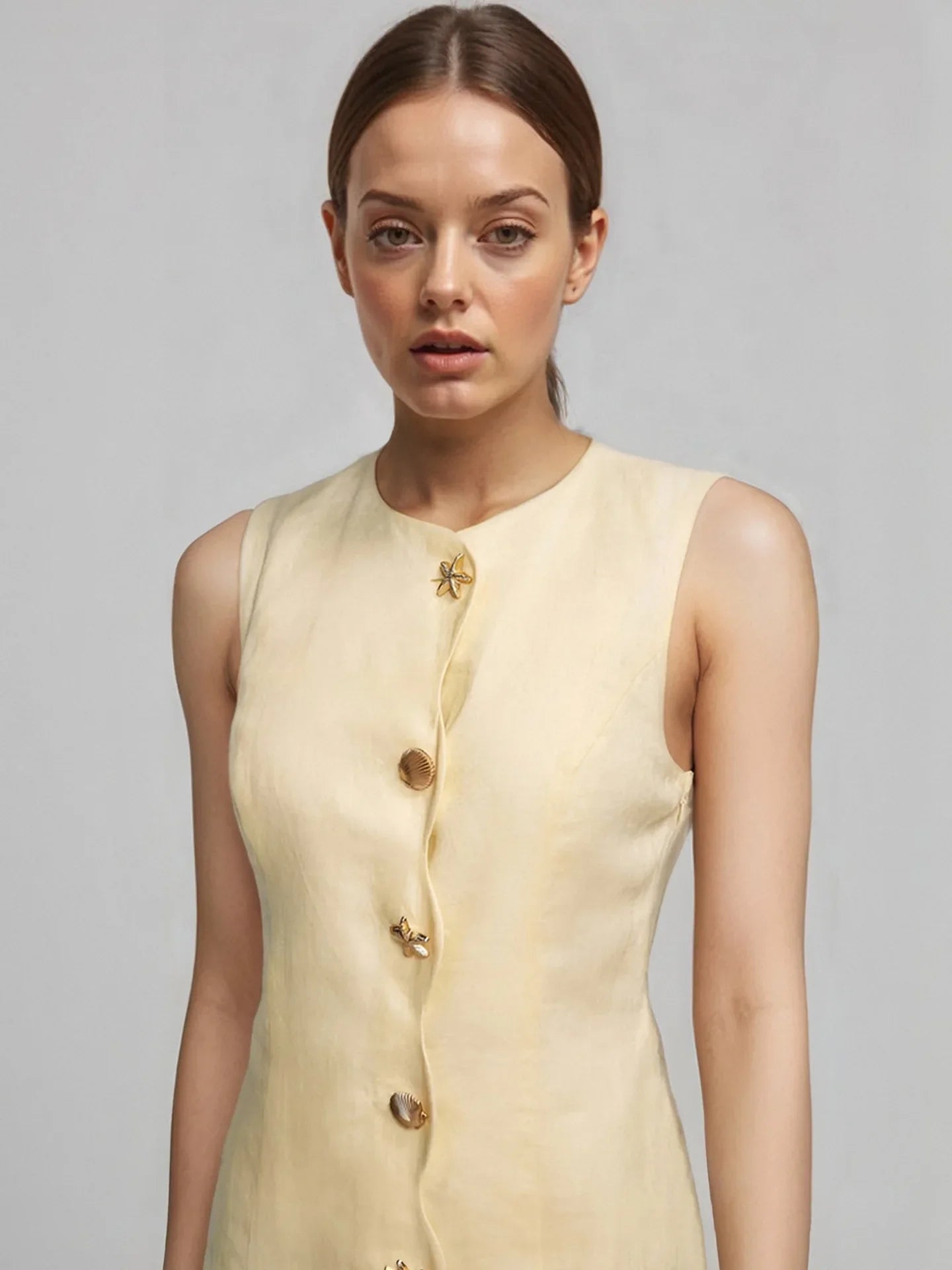 Buttoned Sleeveless Socialite Yellow Mini Dress