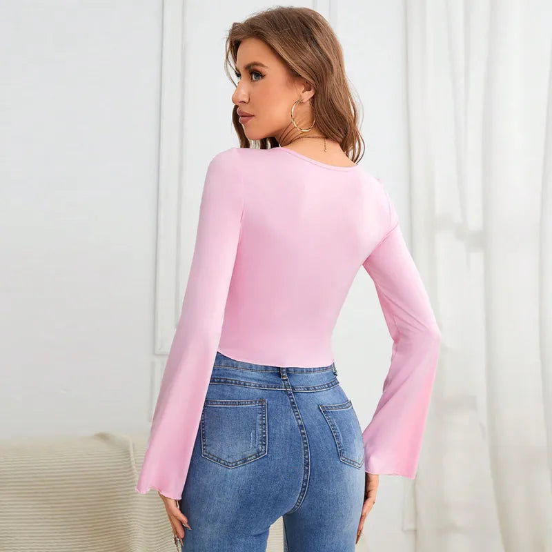 Long Sleeve Sweetheart Neckline Top In Light Pink