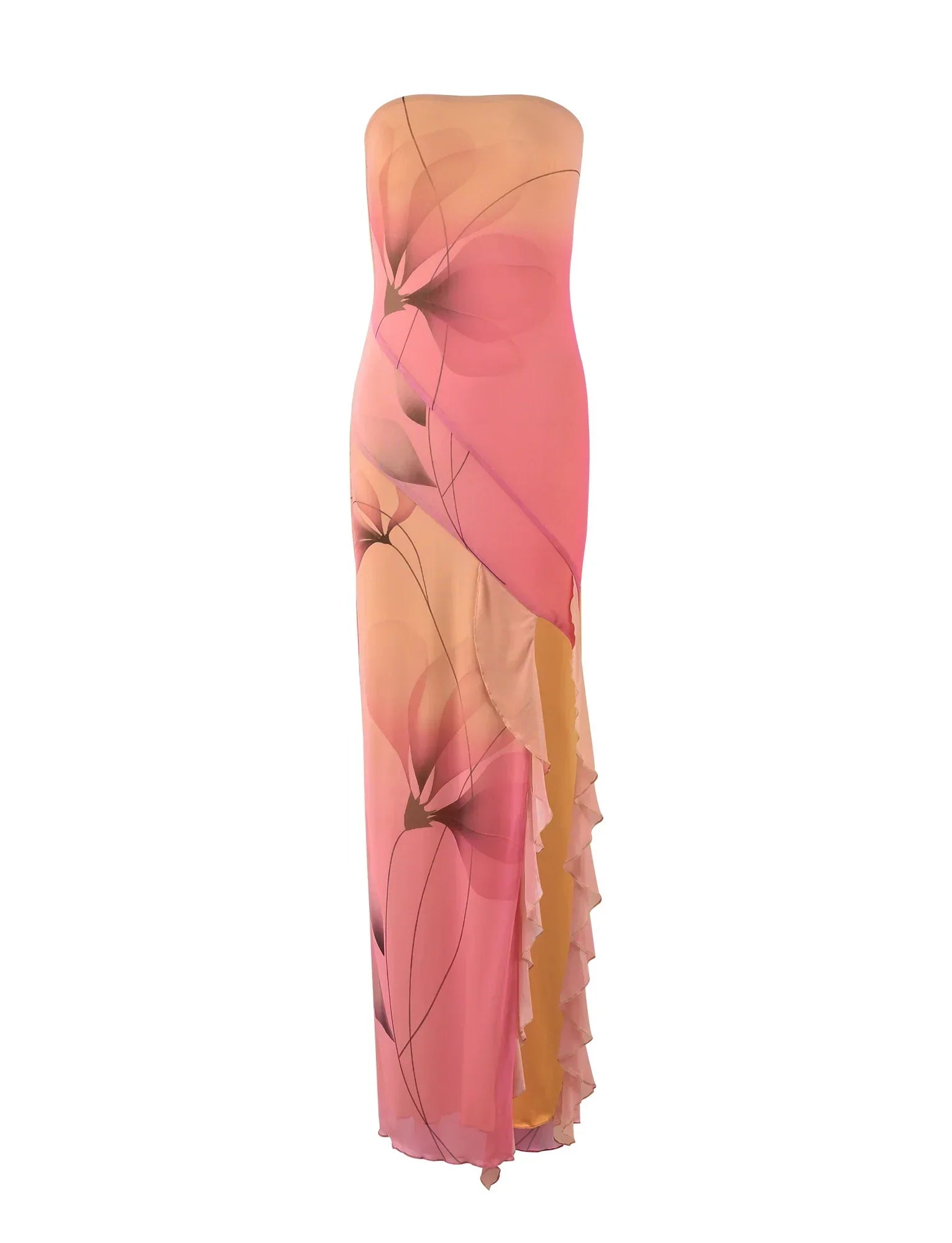 Strapless maxi dress with gradient floral pattern