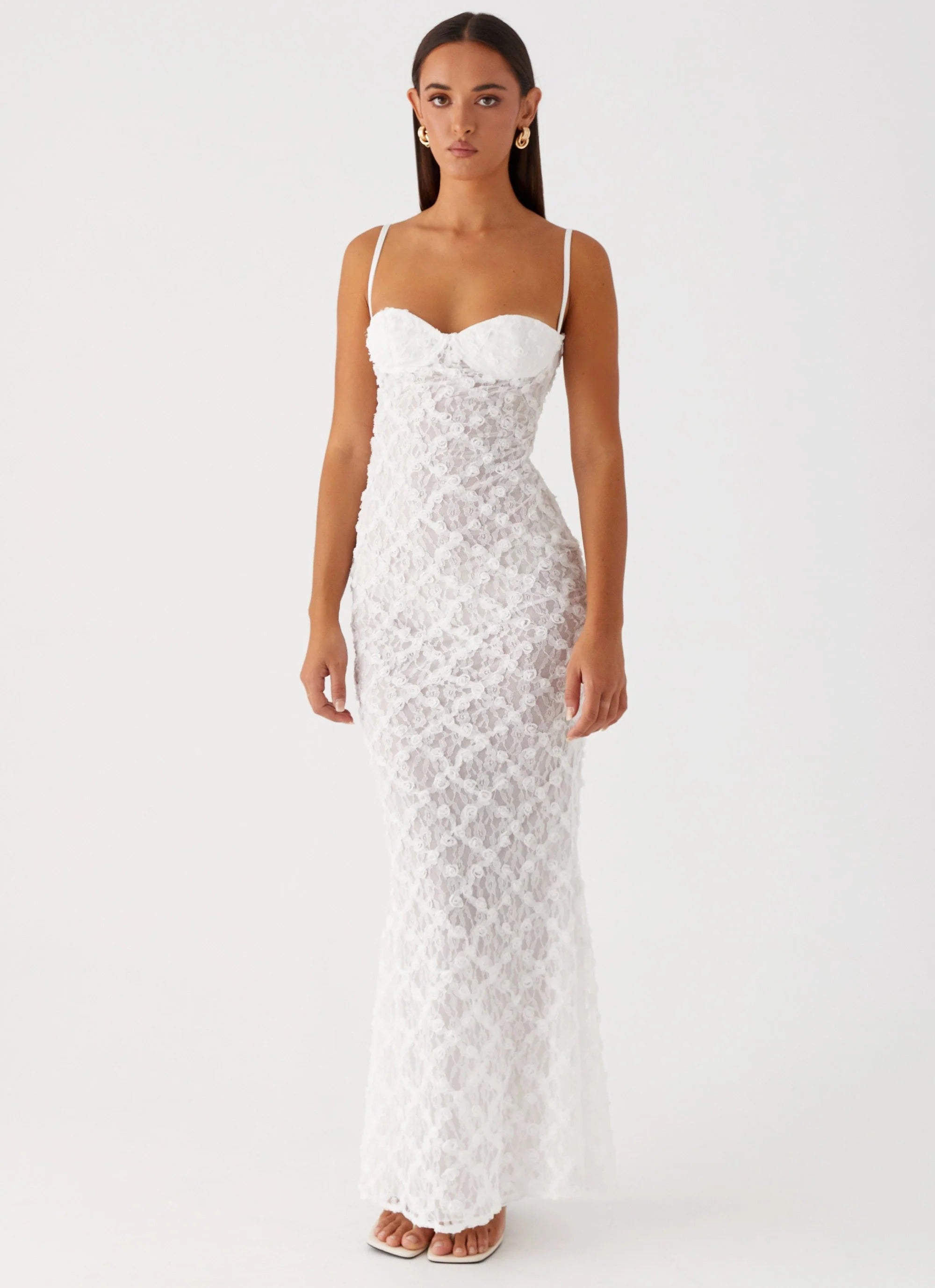 Floral Textured Lace White Maxi Dress
