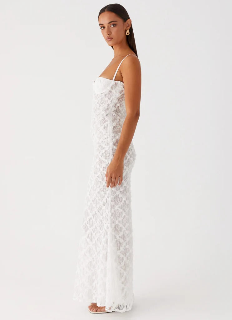 Floral Textured Lace White Maxi Dress