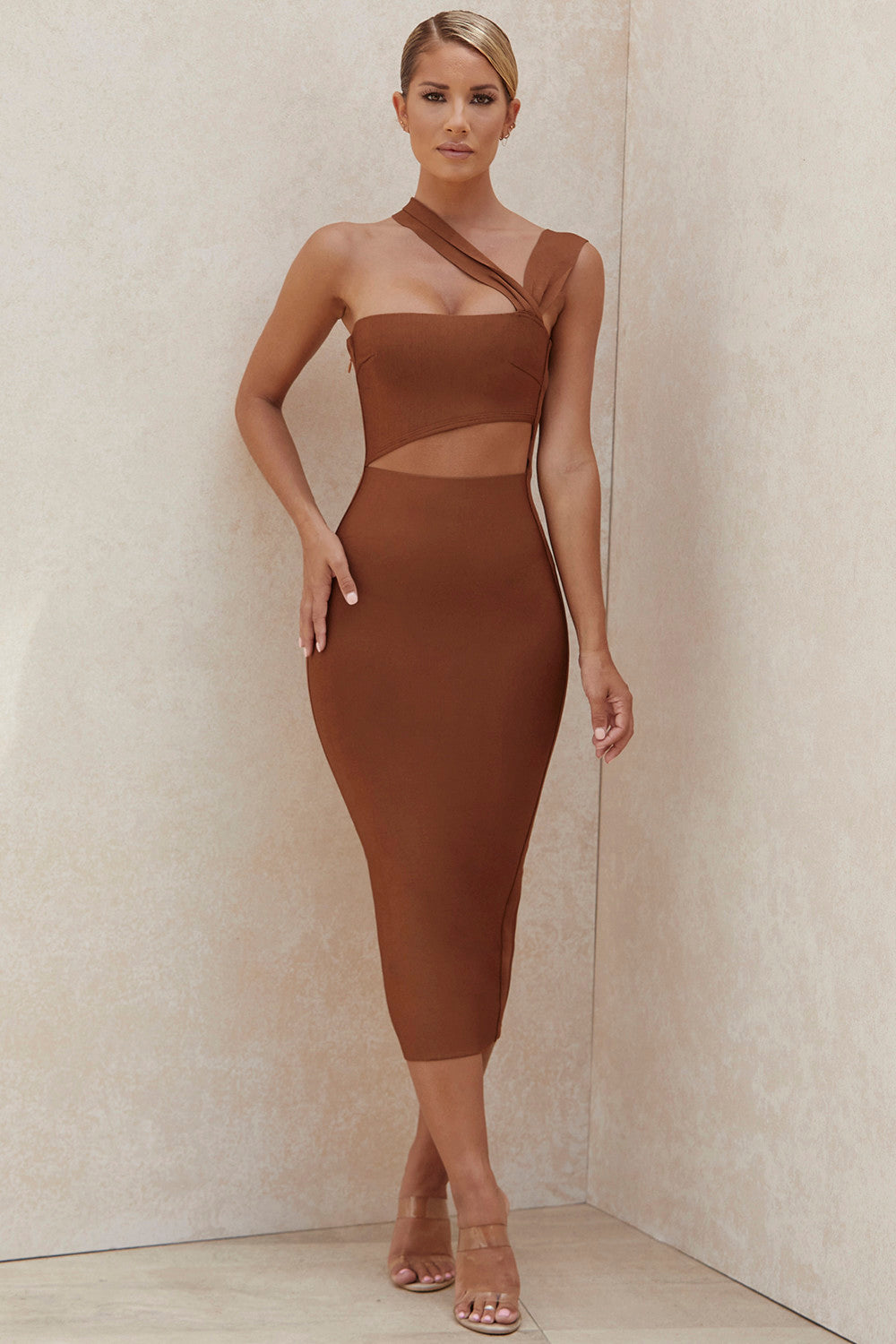 Light brown cut out bandage midi dress