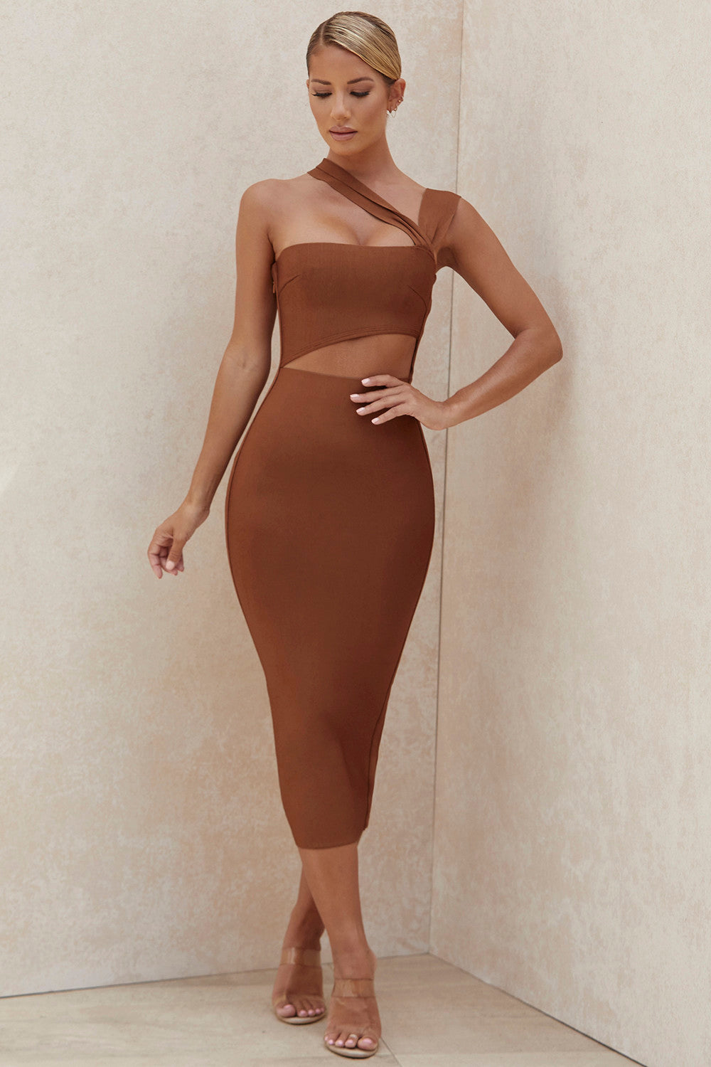 Light brown cut out bandage midi dress