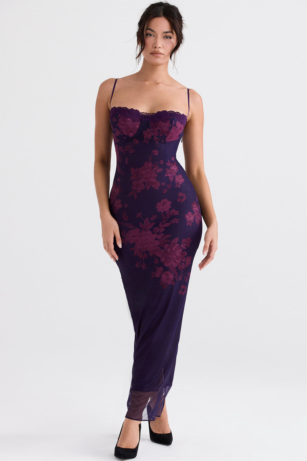 Maxi dress with grape print and floral print