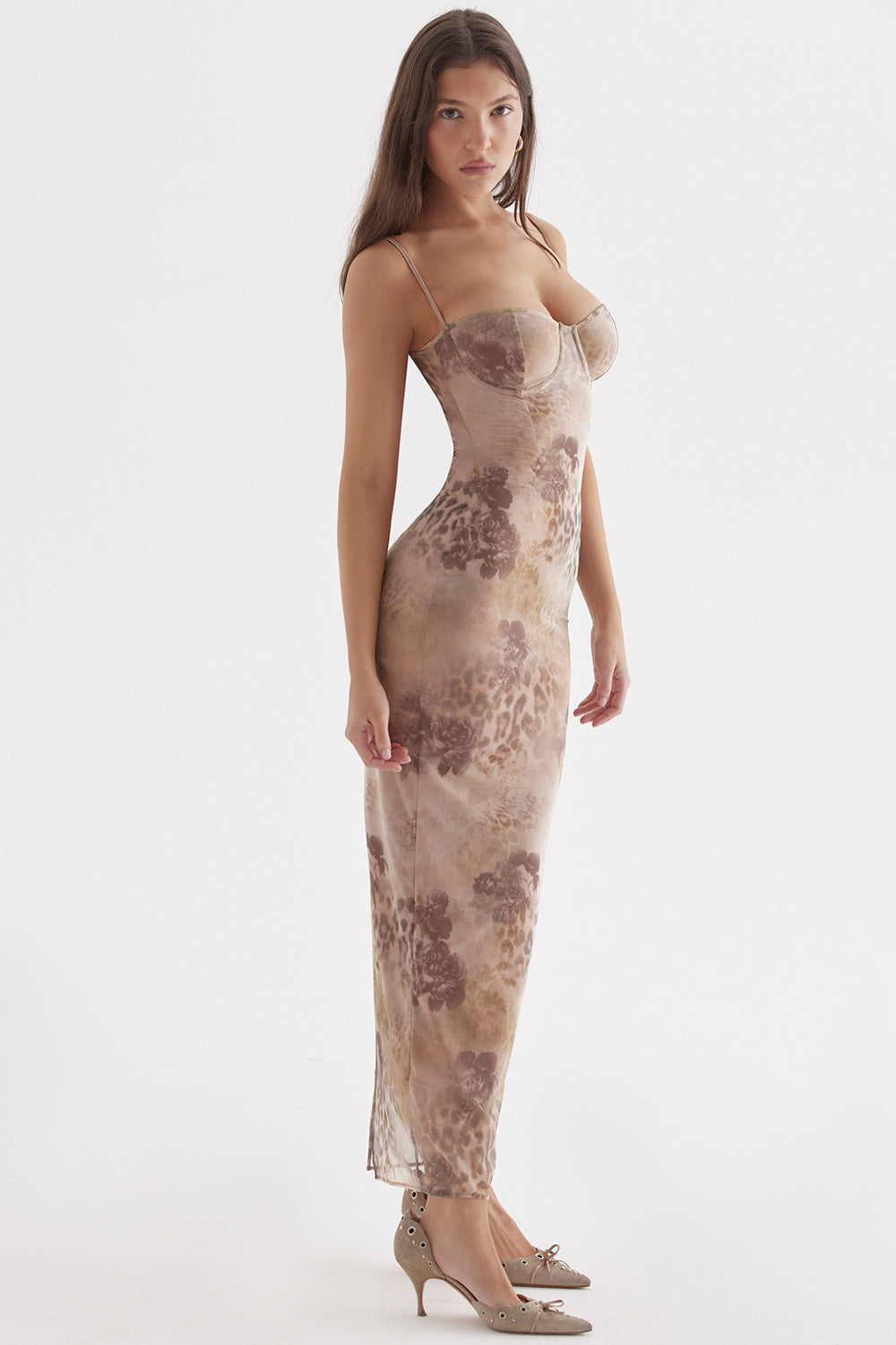 Cream-colored maxi dress with floral print