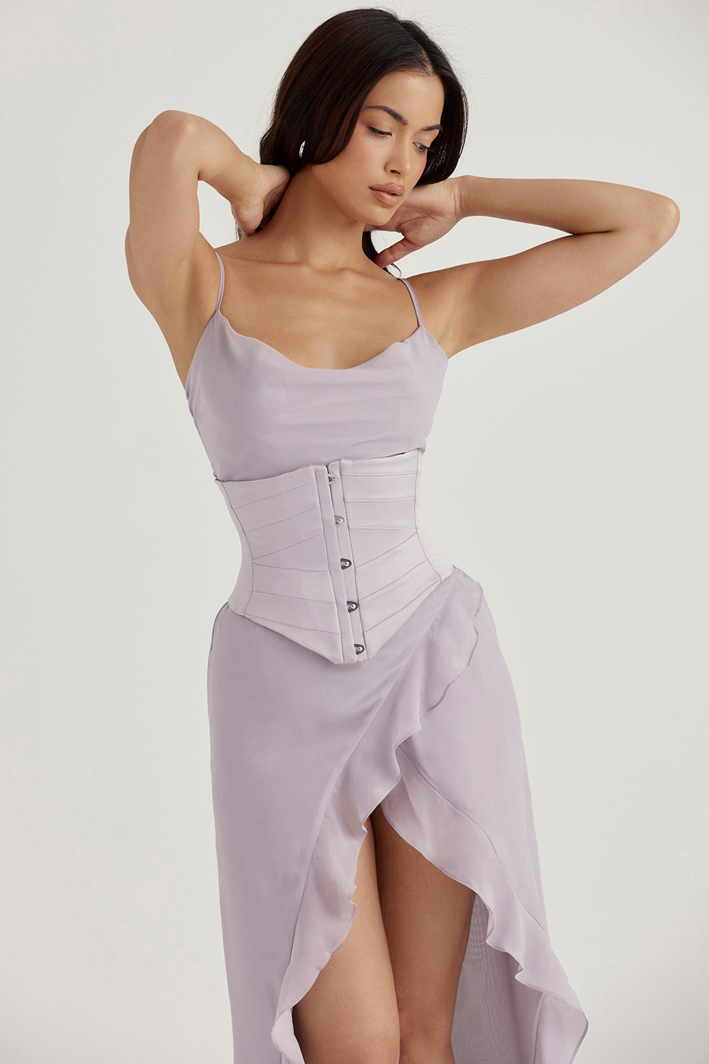 Gray satin underbust corset with flowy maxi dress