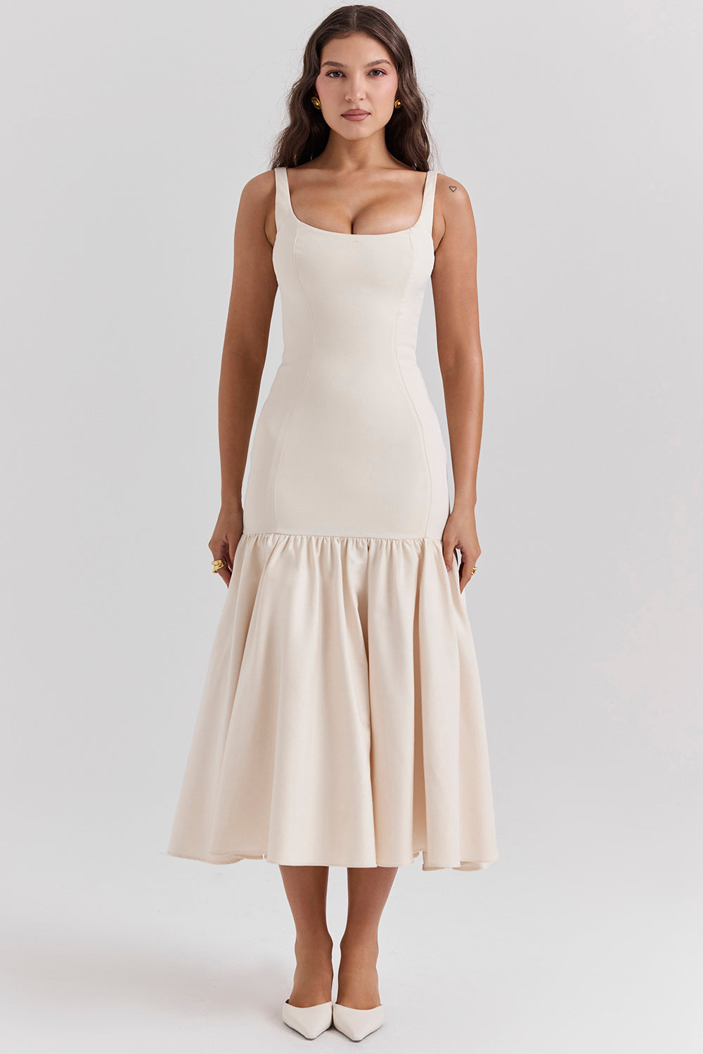 Midi dress with dropped waist