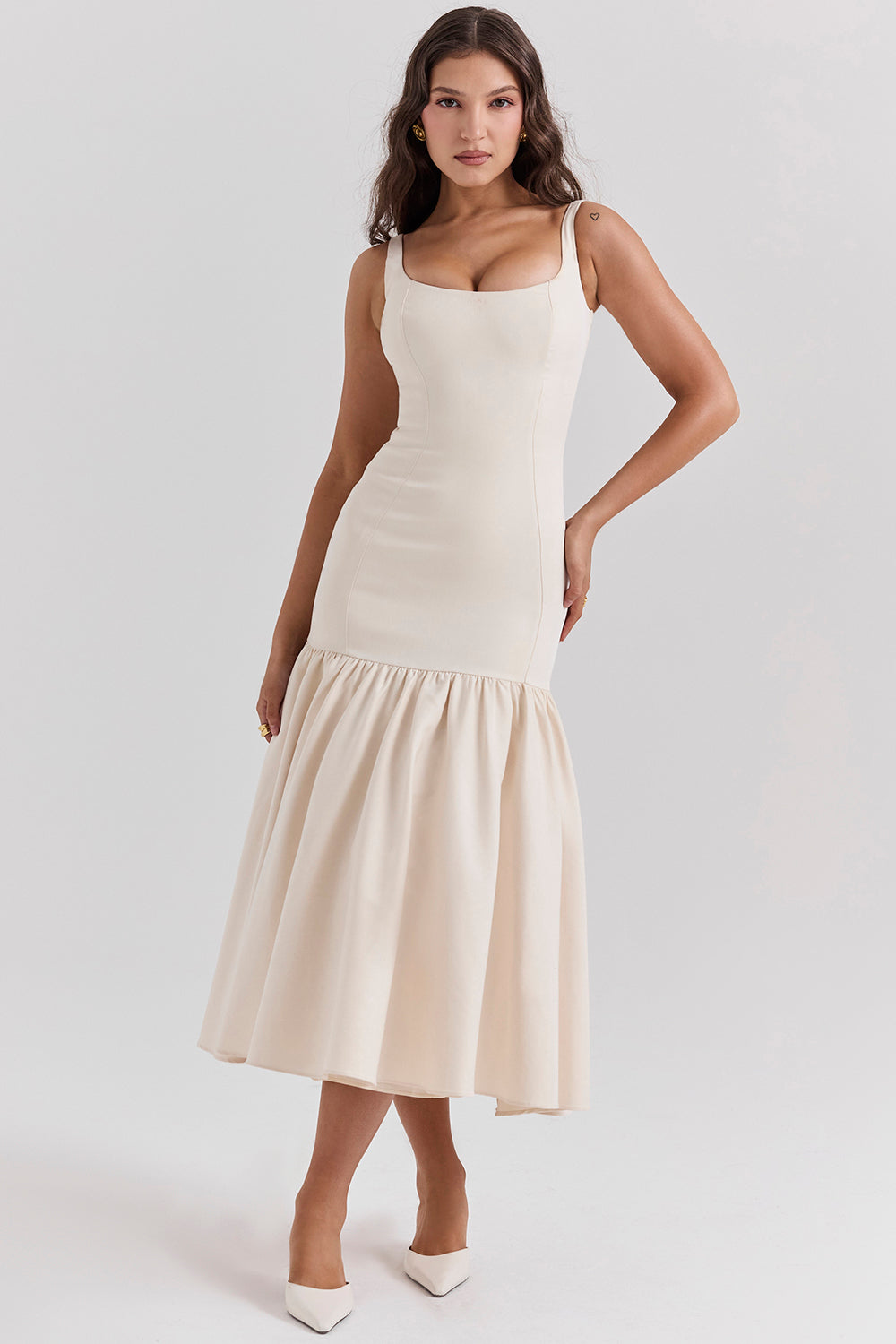 Midi dress with dropped waist