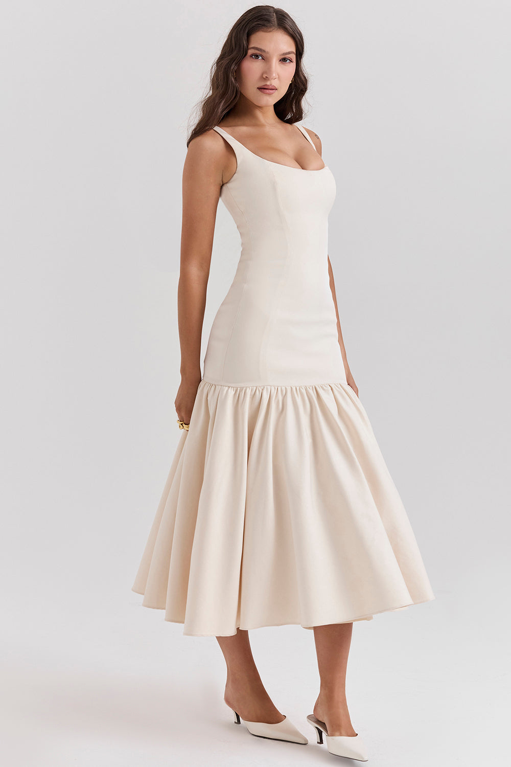 Midi dress with dropped waist